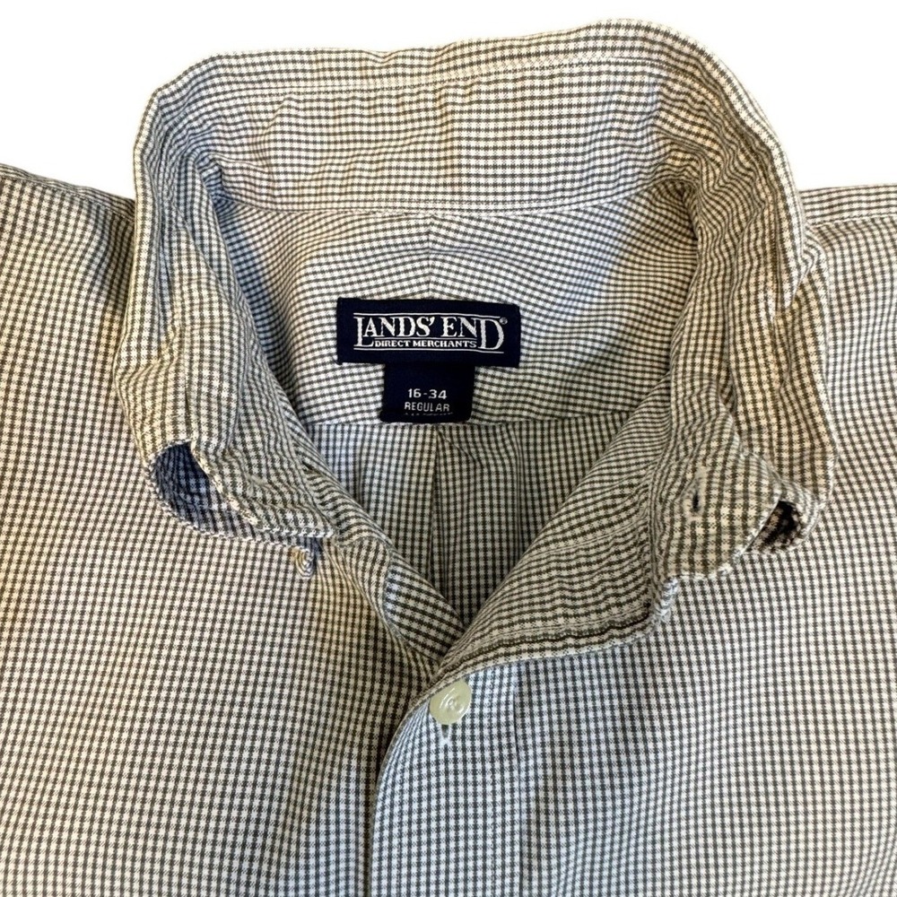 Lands End Mens 16-34 Regular Green Gingham Cotton Button‎ Down Shirt Long Sleeve